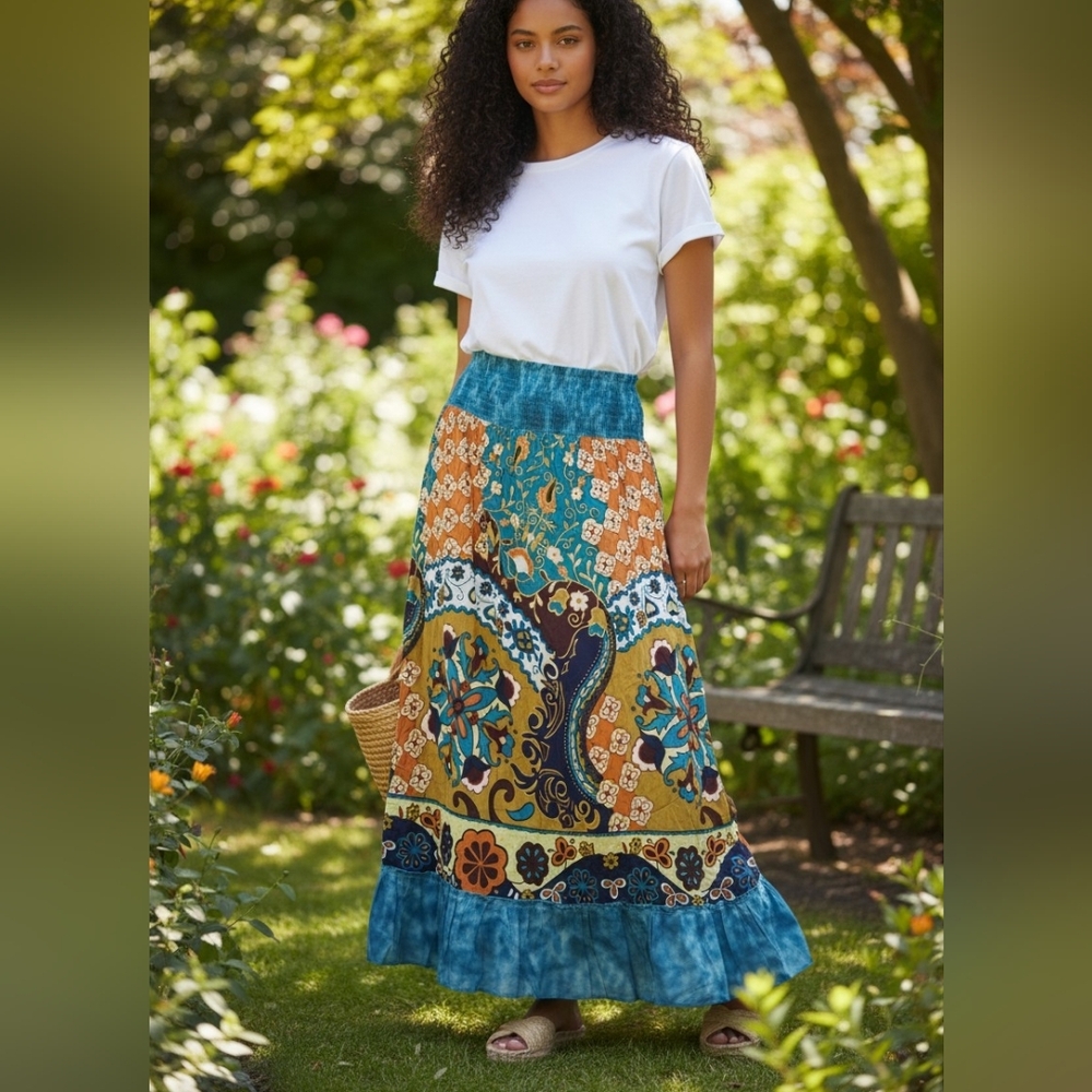 Chaudrey Bohemian Patchwork Maxi Skirt - Teal & Mustard Large